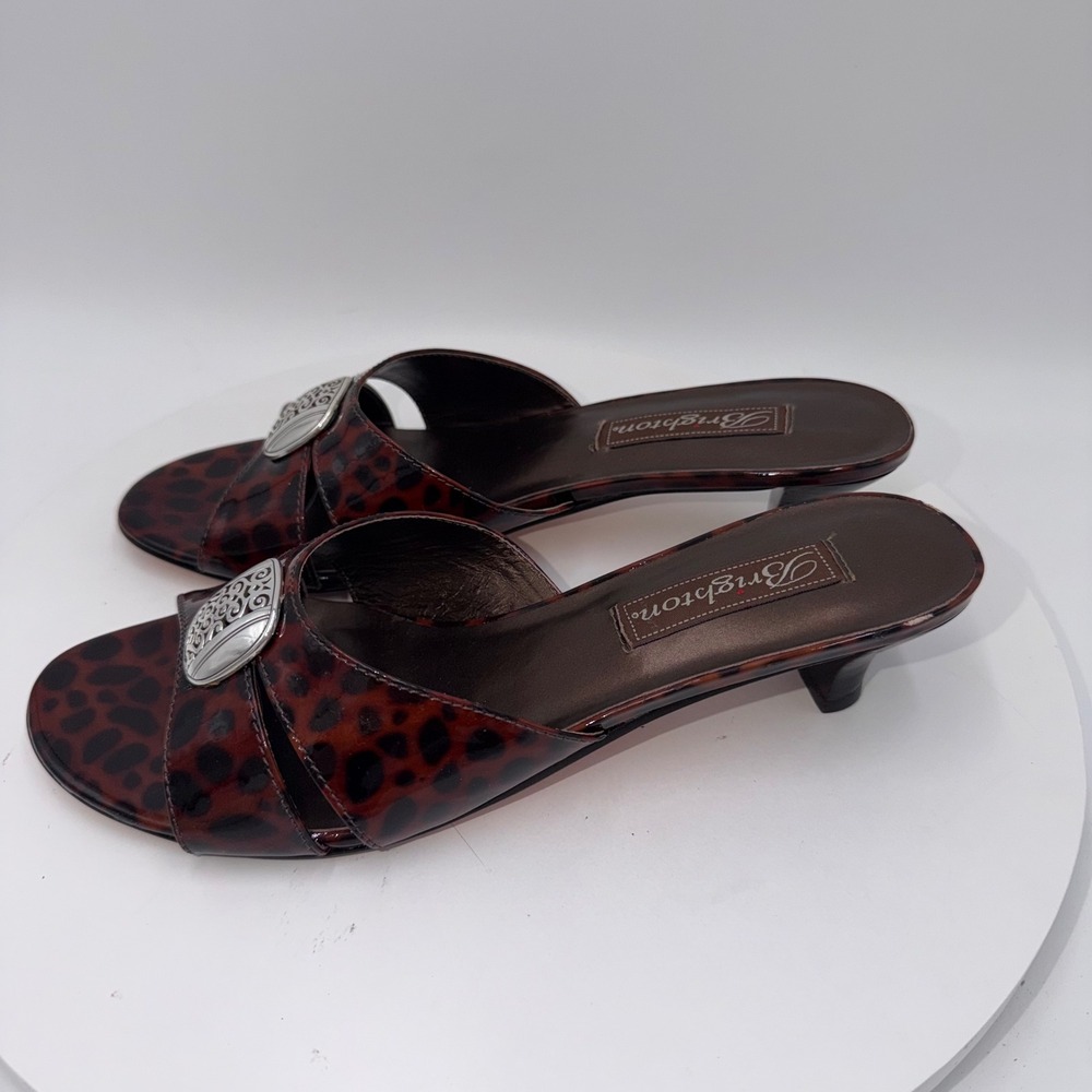 Brighton Kaye Leopard Print Patent Leather Kitten Heel Slide Sandals Brown 8M